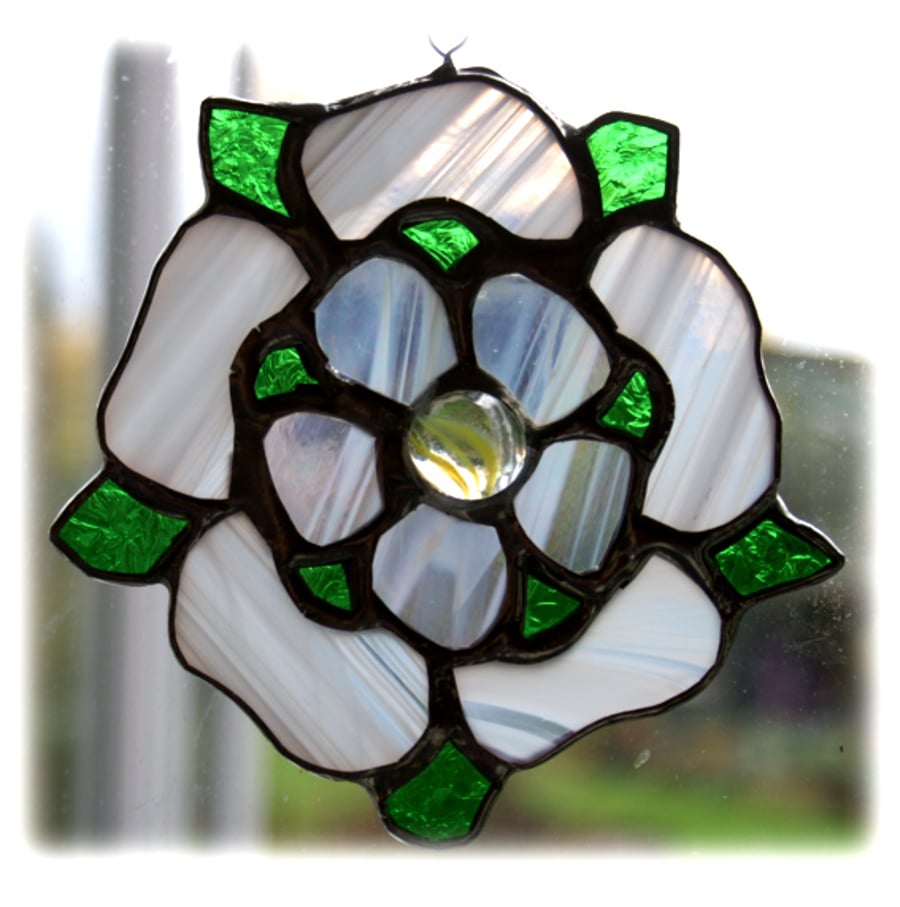 Yorkshire Rose Suncatcher Stained Glass white Handmade 