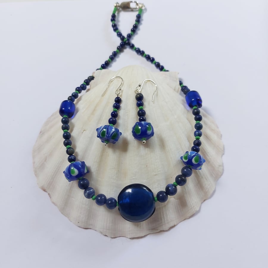 Jewellery Set: Blue and Green Gemstone Necklace and Dangle Earrings, 