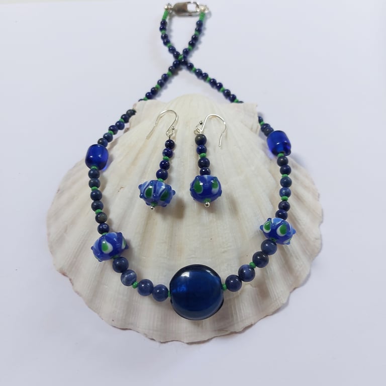 Jewellery Set: Blue and Green Gemstone Necklace and Dangle Earrings, 