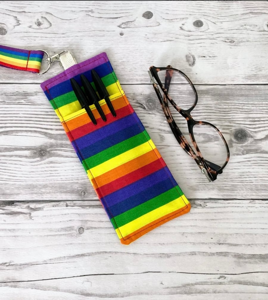 Rainbow Striped Fabric Double Sided Glasses and Pen Holder for Lanyards.