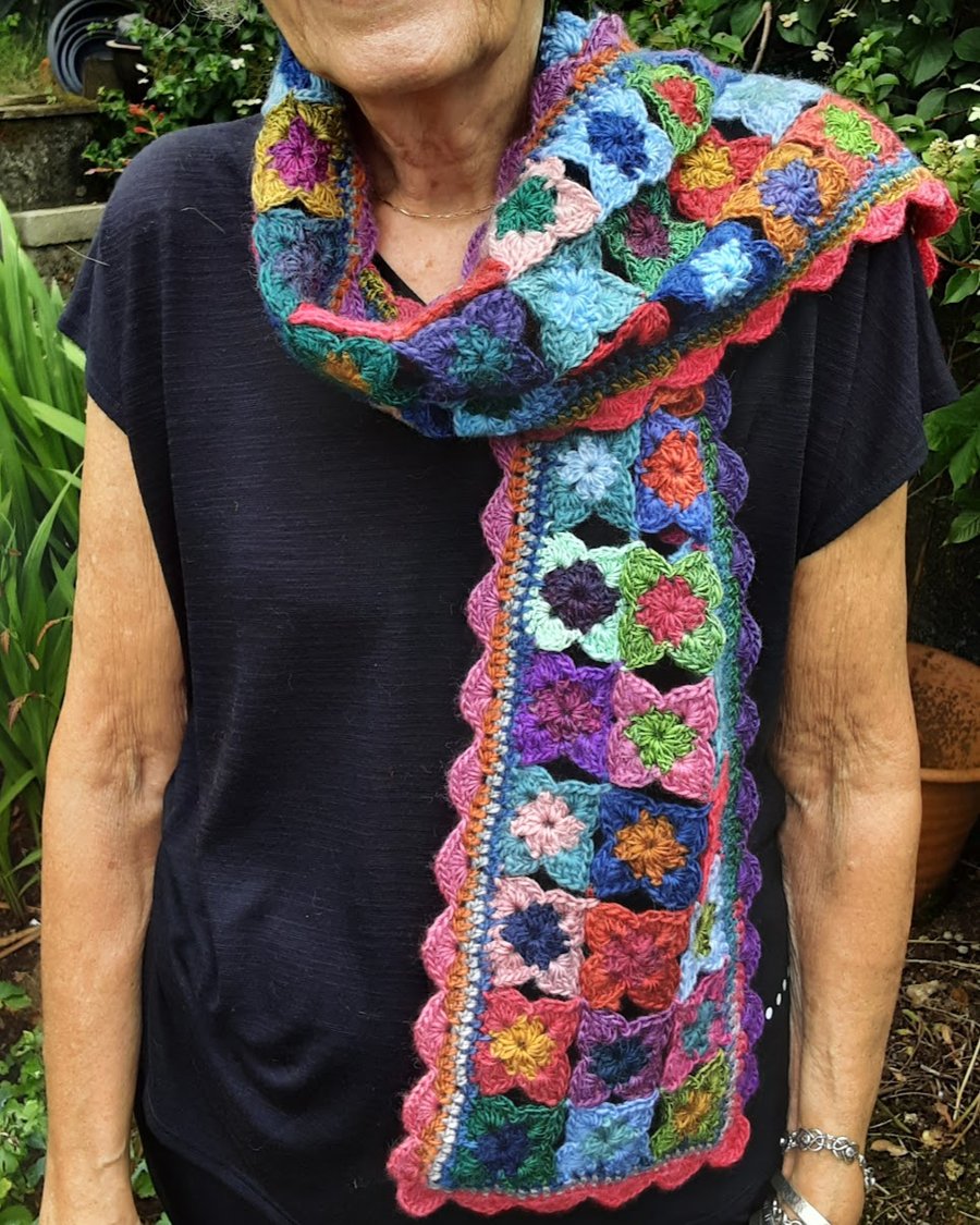 Colourful crocheted winter scarf with a pretty scalloped edge. Free postage. 