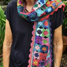 Colourful crocheted winter scarf with a pretty scalloped edge. Free postage. 