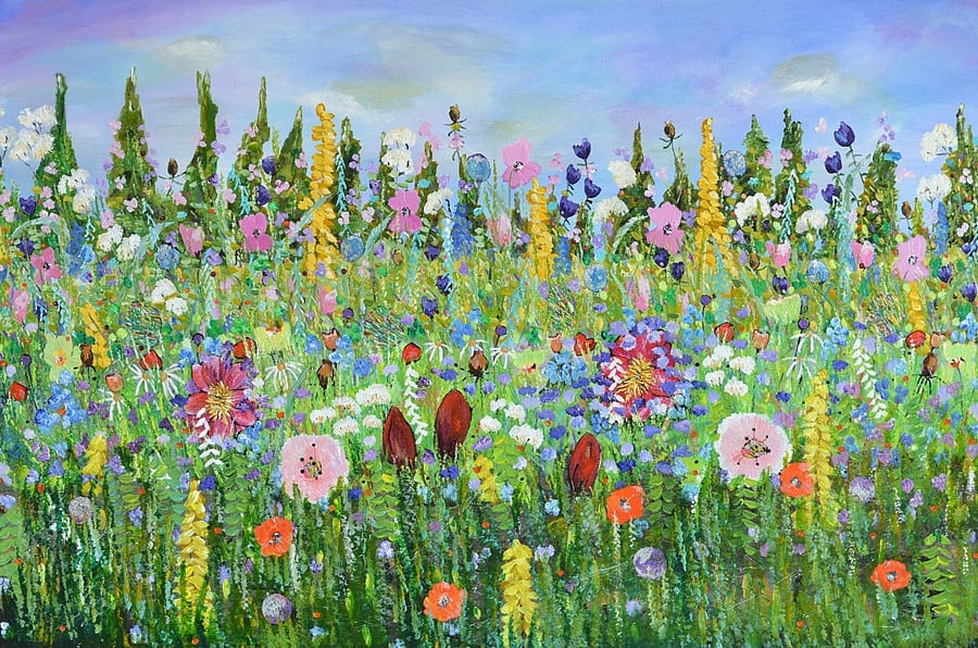 A Large Acrylic Painting of Scottish Wildflowers. Ready to hang. 24x36 inches.