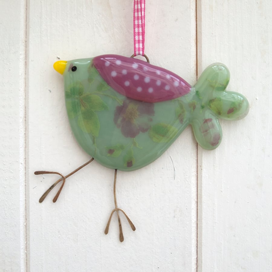 Green Rose Patterned Fused Glass Bird Decoration