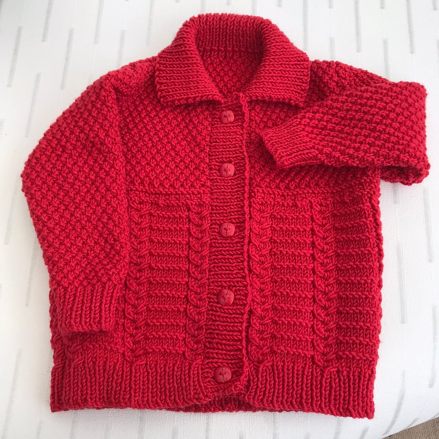 Red textured cardigan with collar