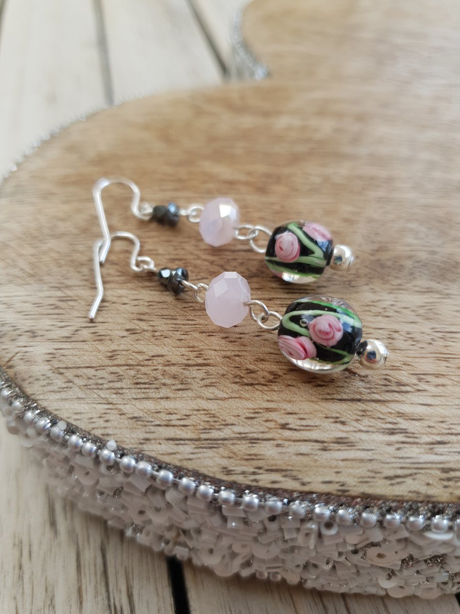 Lampwork & Swarovski Crystal Triple Stone Dangle Earrings - Black Floral Swirl