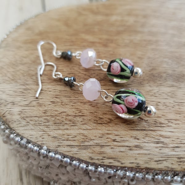 Lampwork & Swarovski Crystal Triple Stone Dangle Earrings - Black Floral Swirl