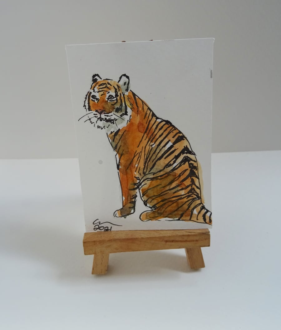 ACEO Tiger Seated Original Watercolour & Ink Painting OOAK 