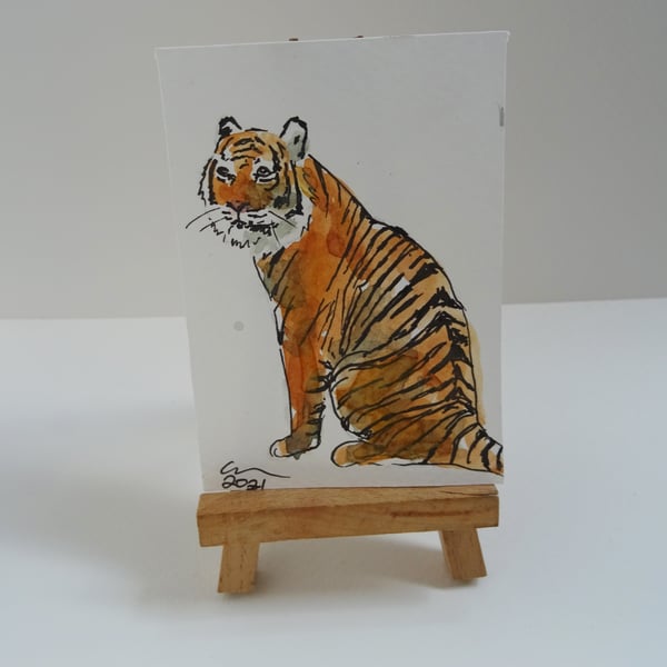 ACEO Tiger Seated Original Watercolour & Ink Painting OOAK 
