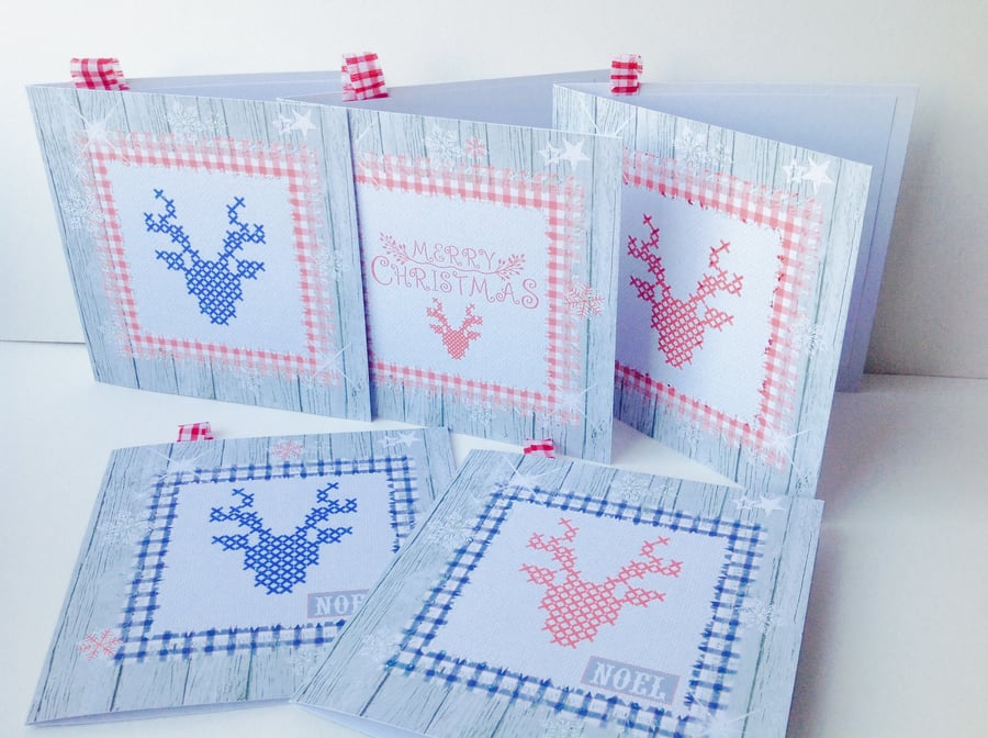 Christmas Cards,Pack of Five,'Stag n Stitches',Handmade Xmas Card Pack