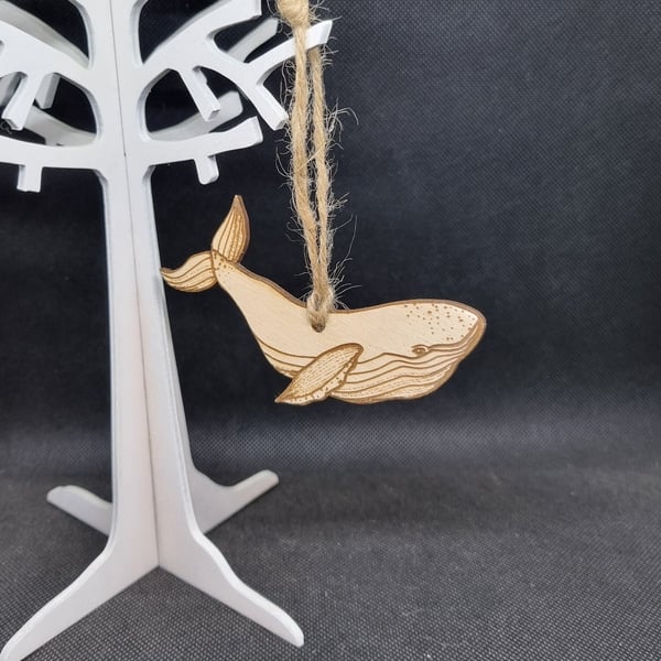 Whale hanging decoration, laser-cut and laser-etched on wood