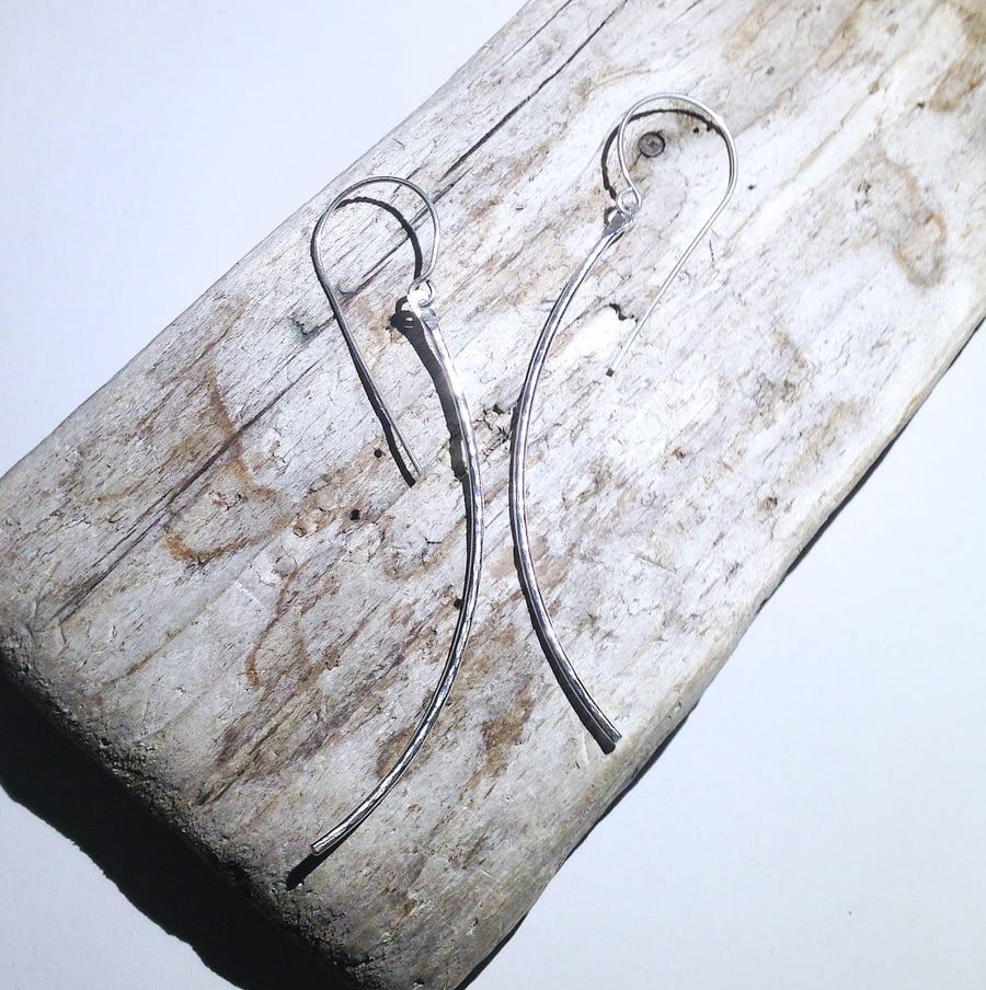 Long Hammered Sterling Silver Earrings - UK Free Post