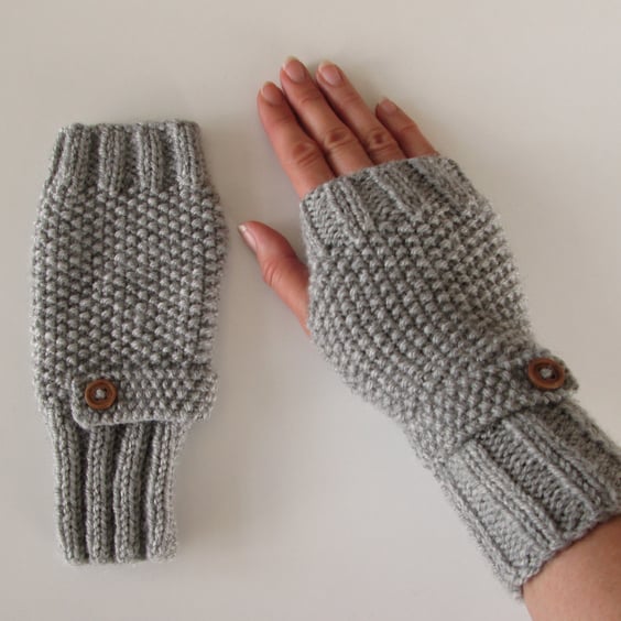 Fingerless Gloves in Grey Aran Wool 