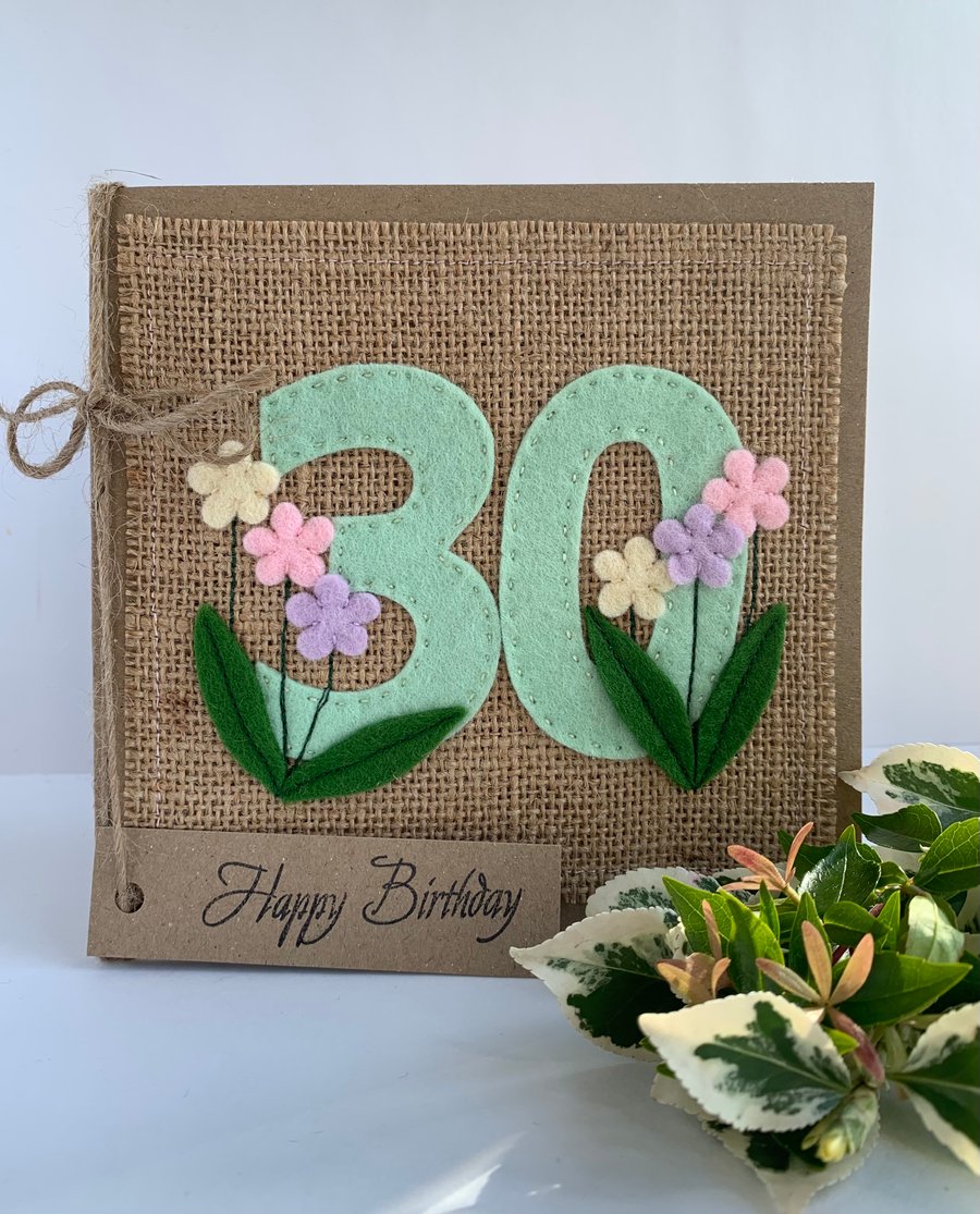 30th Handmade Birthday Card from felt. Keepsake Card. Textile card.