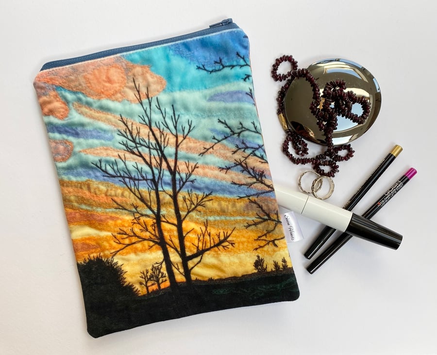 Sunset tree velvet makeup, Jewellery, toiletries bag or kindle pouch.