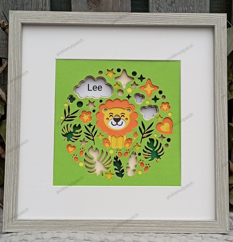 Lion personalised 3d layered shadow box frame, boys bedroom wall, safari theme, 