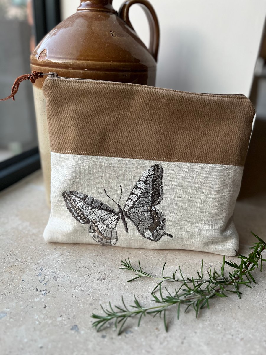 Embroidered butterfly linen book pouch zip bag
