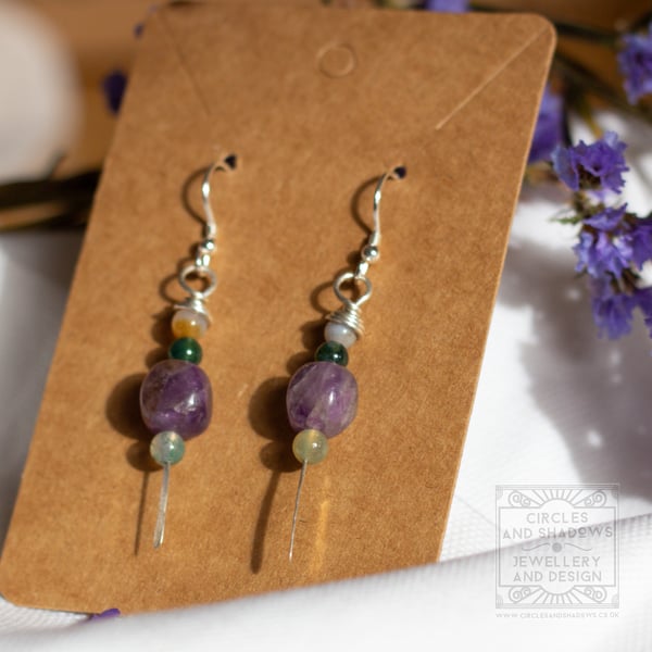 Recycled Silver Amethyst and Indian Agate Drop Earrings