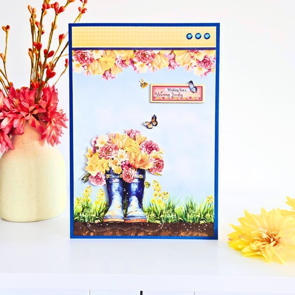 Decoupage Card With Flowers In Wellies For Summer & Spring Birthdays