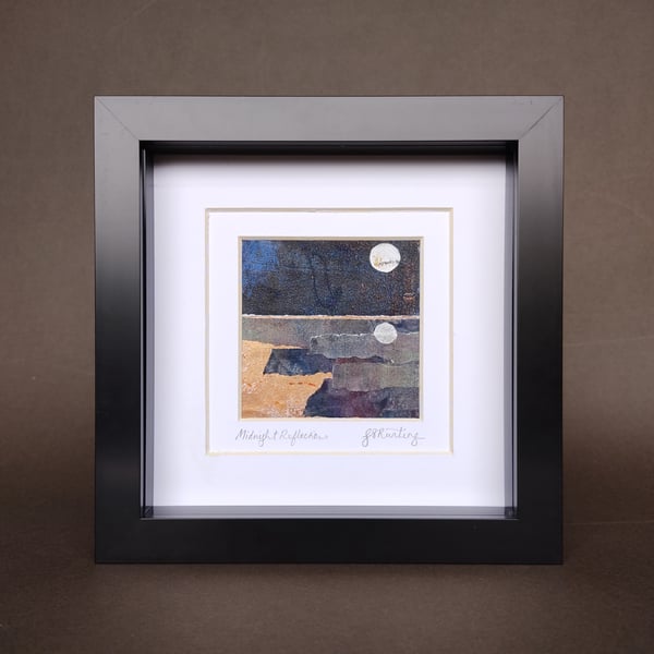 "Midnight Reflections" - Original framed paper collage. Abstract landscape art.