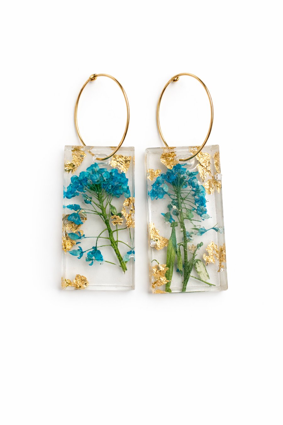 Blue Wildflower Resin Earrings with Gold Leaf –Small rectangle Botanical Dangles