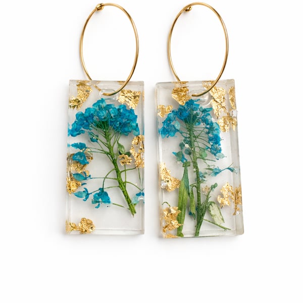 Blue Wildflower Resin Earrings with Gold Leaf –Small rectangle Botanical Dangles