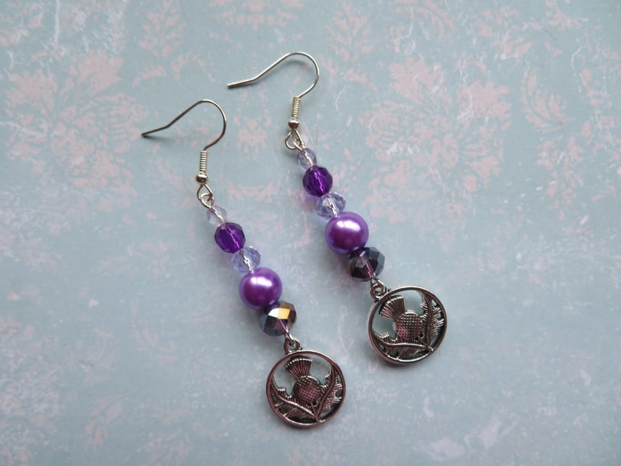 Lavender Purple & Silver Scottish Thistle Charm Dangle Earrings