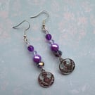 Lavender Purple & Silver Scottish Thistle Charm Dangle Earrings