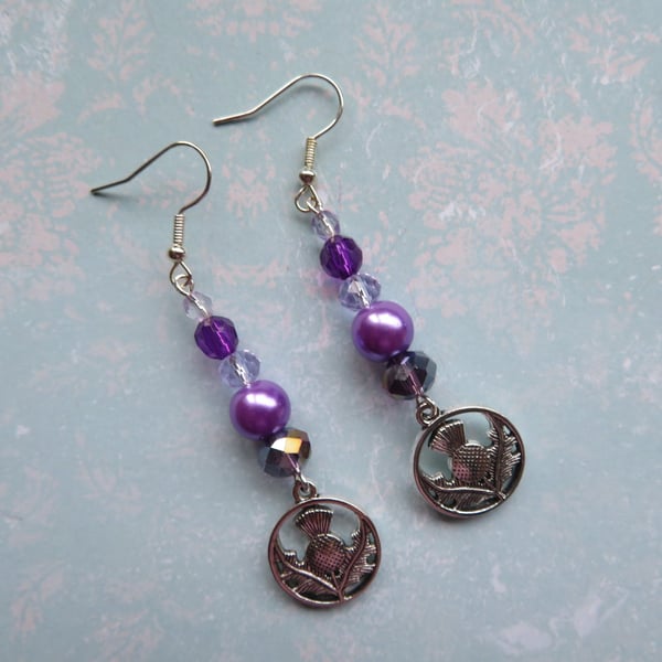Lavender Purple & Silver Scottish Thistle Charm Dangle Earrings