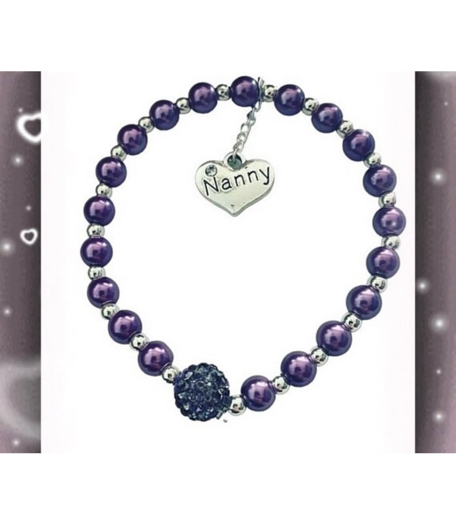 Purple nanny charm stretch beaded shamballa bracelet gift for nan 