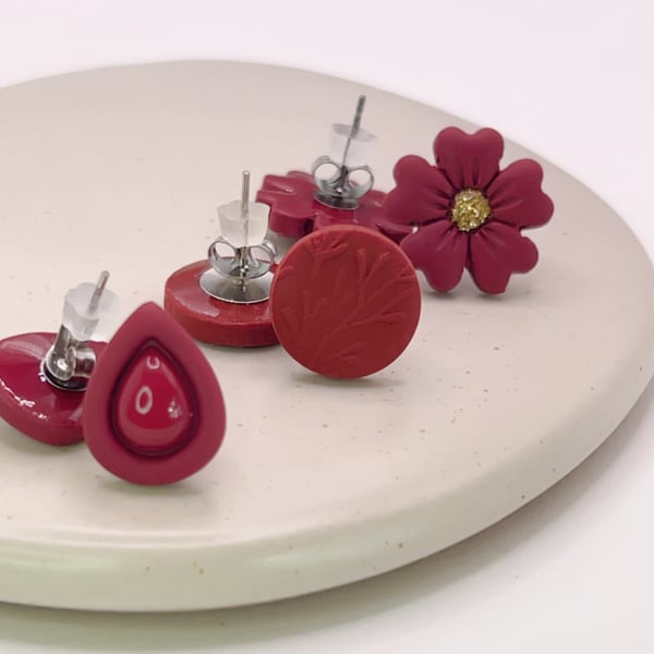 Burgundy Stud Earring Set of 3, Small Everyday Studs, Gift for Her