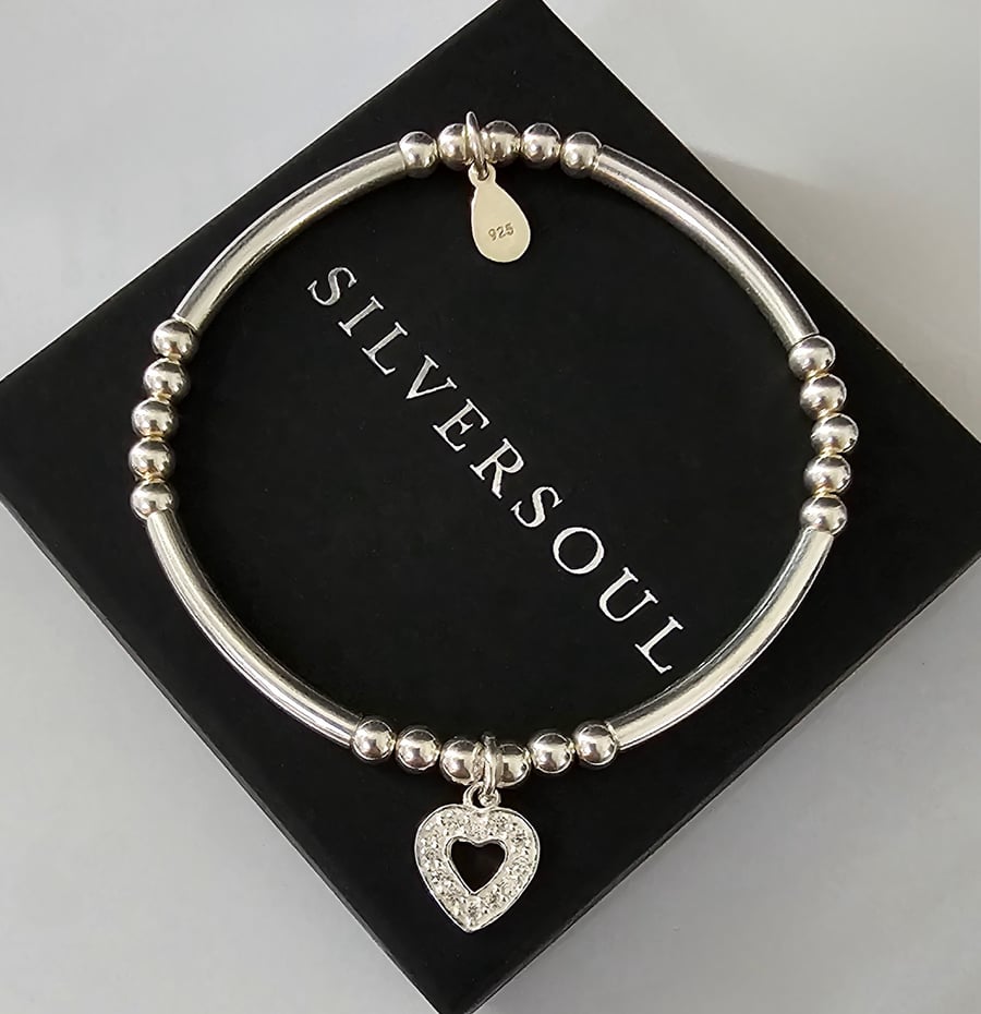 Heart Charm Stretch Beaded Bracelet 925 Sterling Silver, Cubic Zirconia 