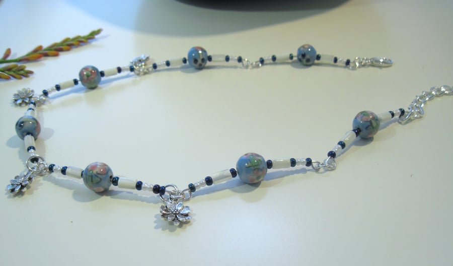 Blue Painted Glass Bead and Mother of Pearl Necklace