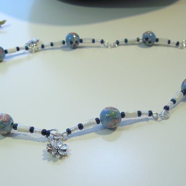 Blue Painted Glass Bead and Mother of Pearl Necklace