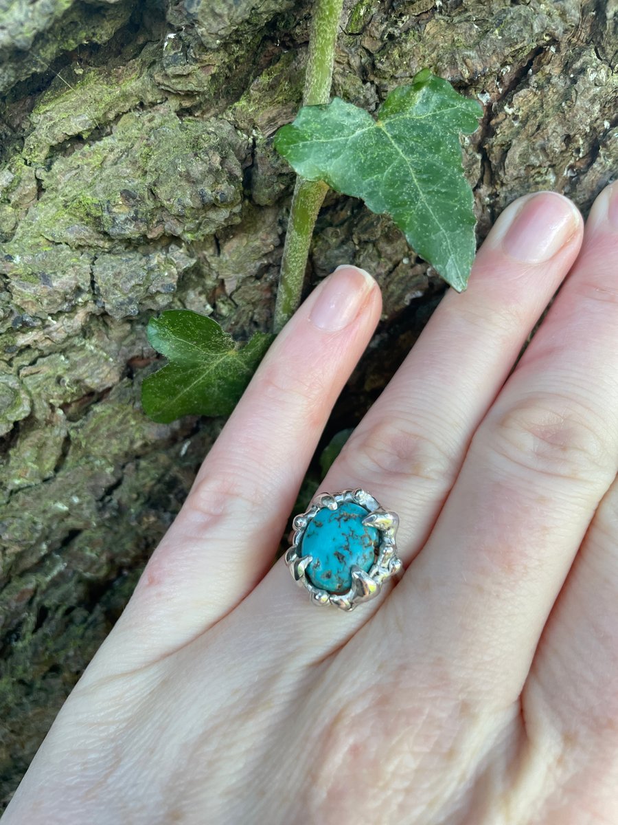 Turquoise claw set ring cast in sterling silver Size O Chunky, handmade & unique