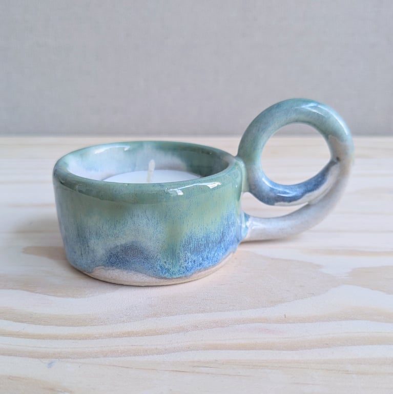 Summer Seconds Ceramic tealight holder with handle blue and green
