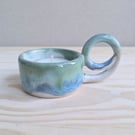 Summer Seconds Ceramic tealight holder with handle blue and green