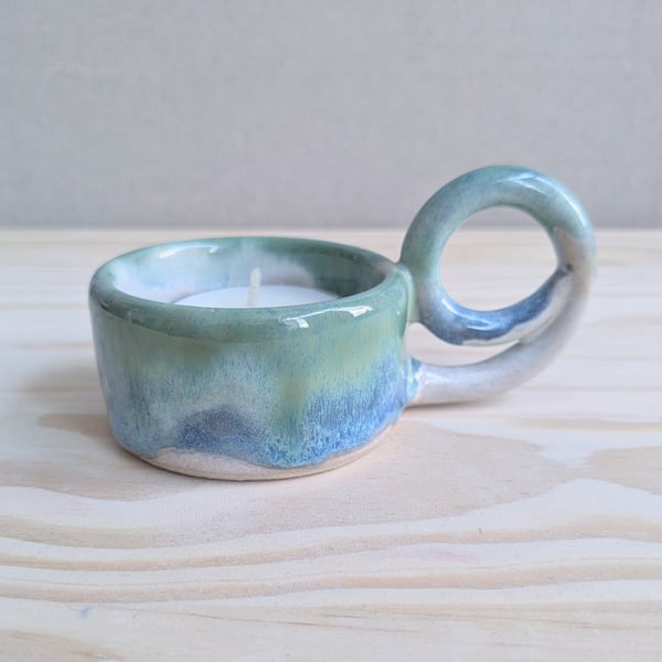 Summer Seconds Ceramic tealight holder with handle blue and green