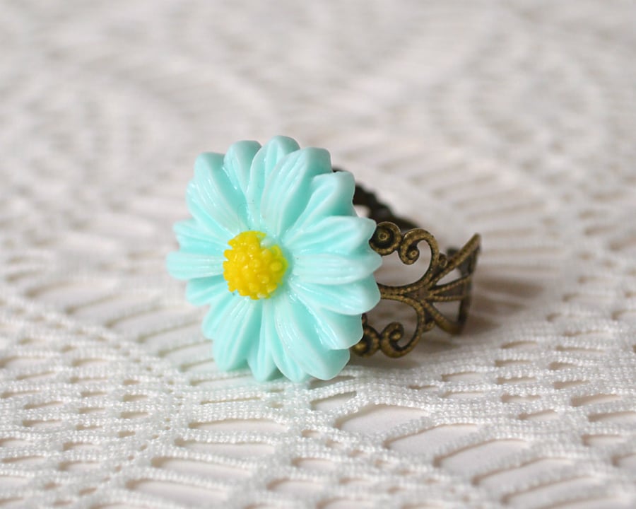Sale! 20% off! Pale Blue Daisy Cabochon Ring