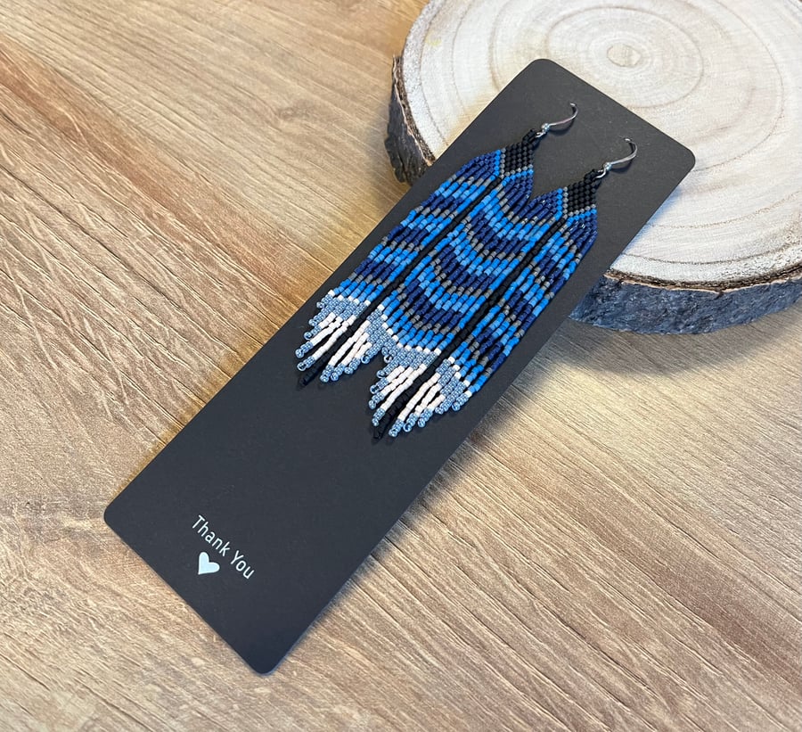 Native American blue and black beadwork feather fringe earrings