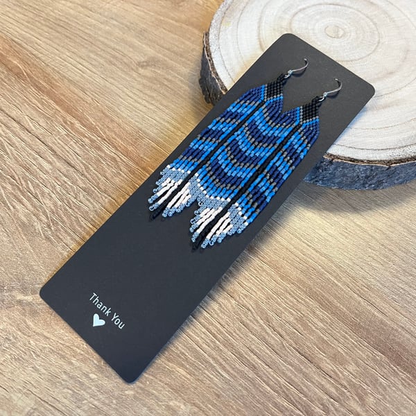 Native American blue and black beadwork feather fringe earrings