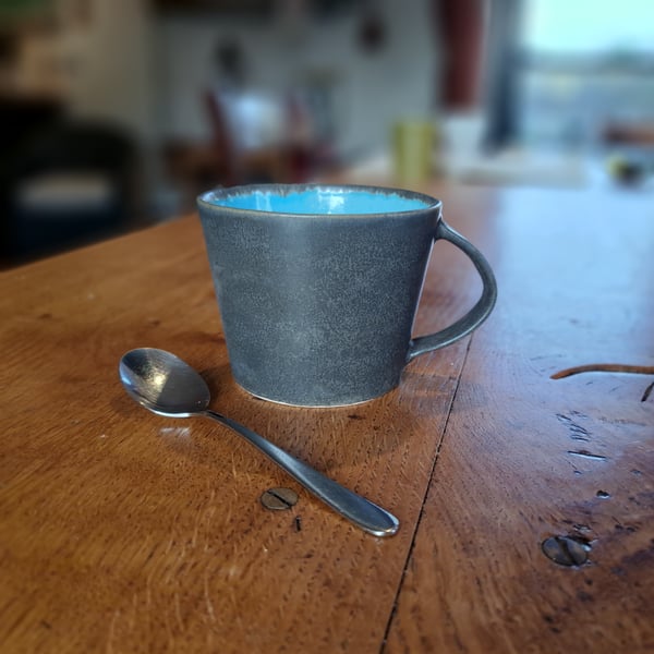 HAND MADE CERAMIC MUG - glazed in turquoise and charcoal