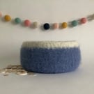 FELTED 'FUSSPOT' BOWL, desk tidy . Blue with white rim. Home decor.