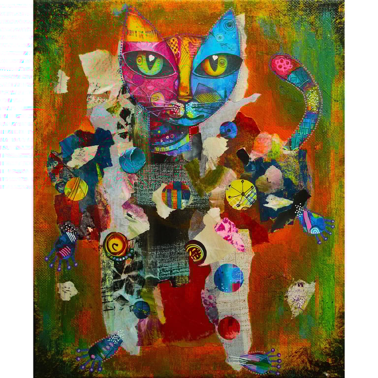 Bright Abstract Cat Painting Colourful Whimsical Feline Mixed Media Collage Art