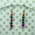 Hot pink and green glass cube earrings 