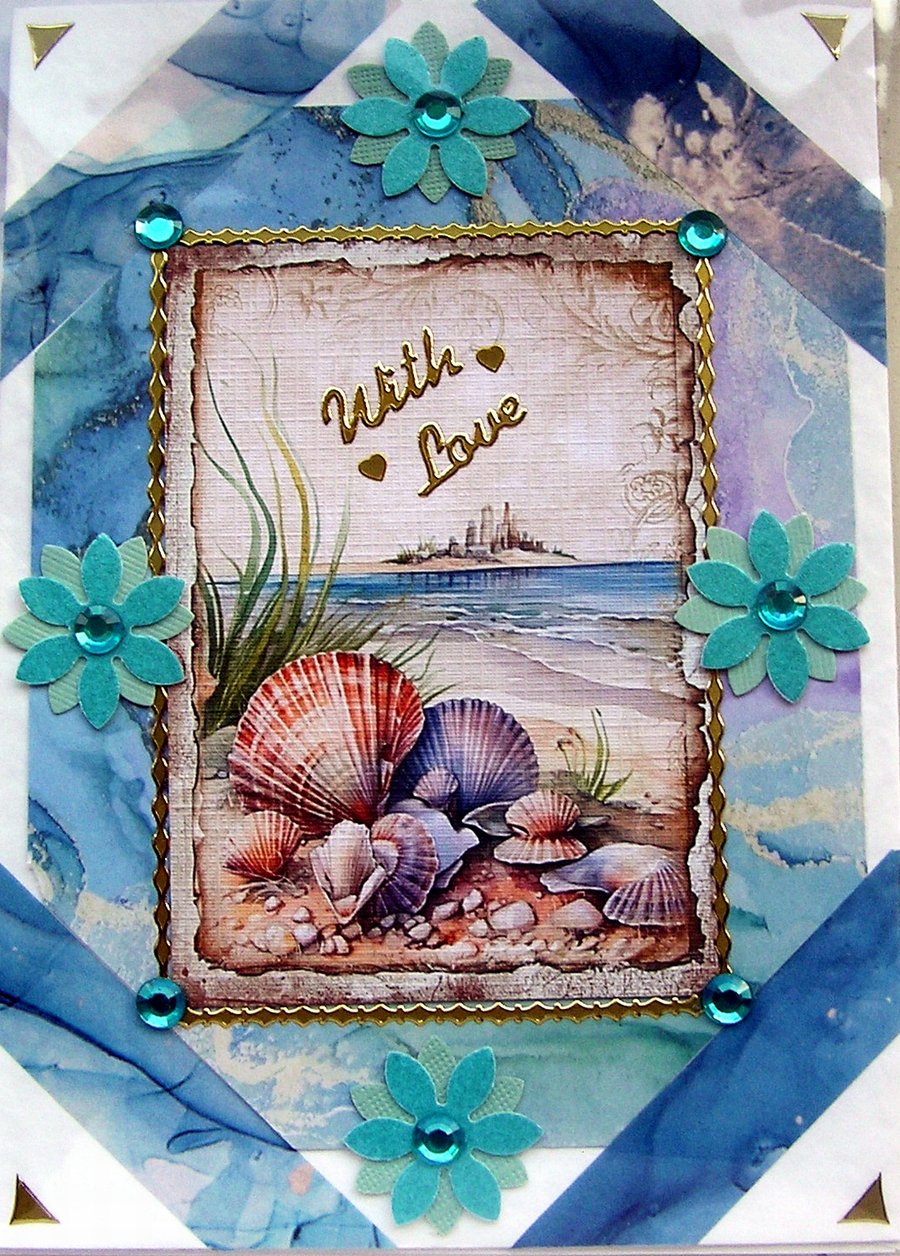 Tranquil Beach Scene - Hand Crafted 3D Decoupage Card - With Love - 2779