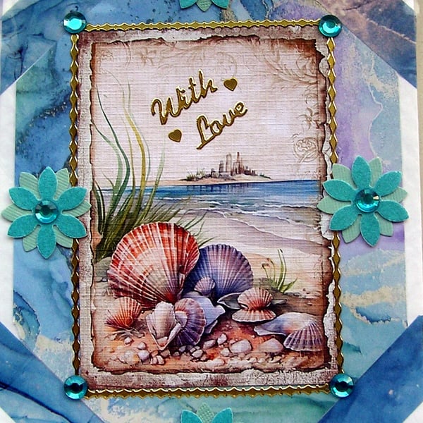 Tranquil Beach Scene - Hand Crafted 3D Decoupage Card - With Love - 2779