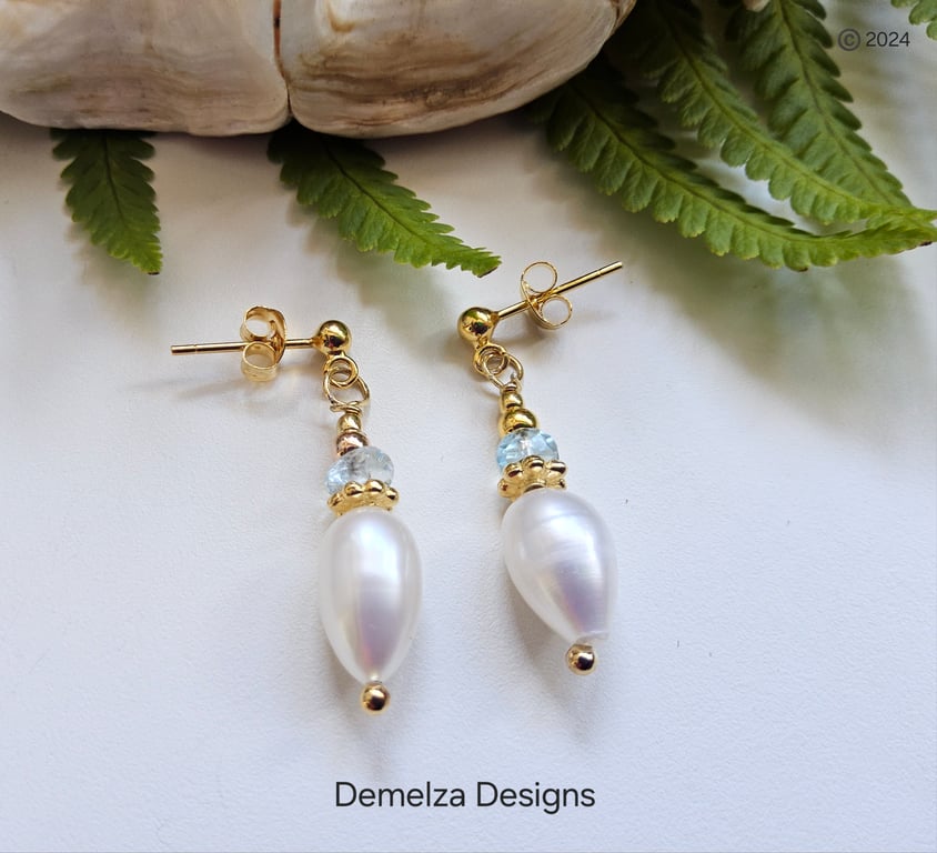 Designer Sky Blue Topaz & Freshwater Pearl Yellow Gold Vermeil Stud Earrings 