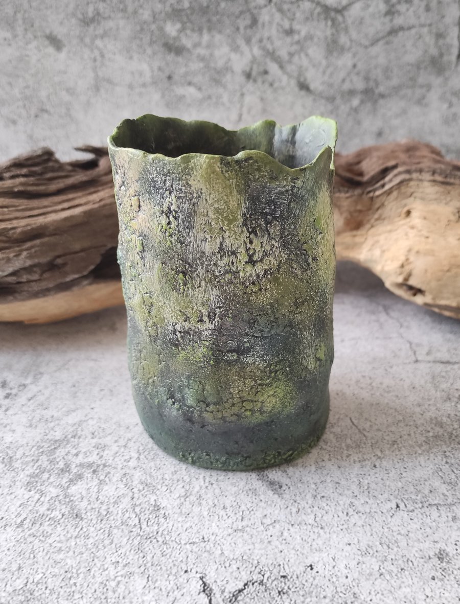 Textured Mossy Vase, Hand Built Hand Painted Clay Decorative Vase