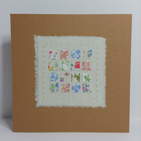 Vintage Pastels Patchwork Squares Hand Stitched Card - optional greeting